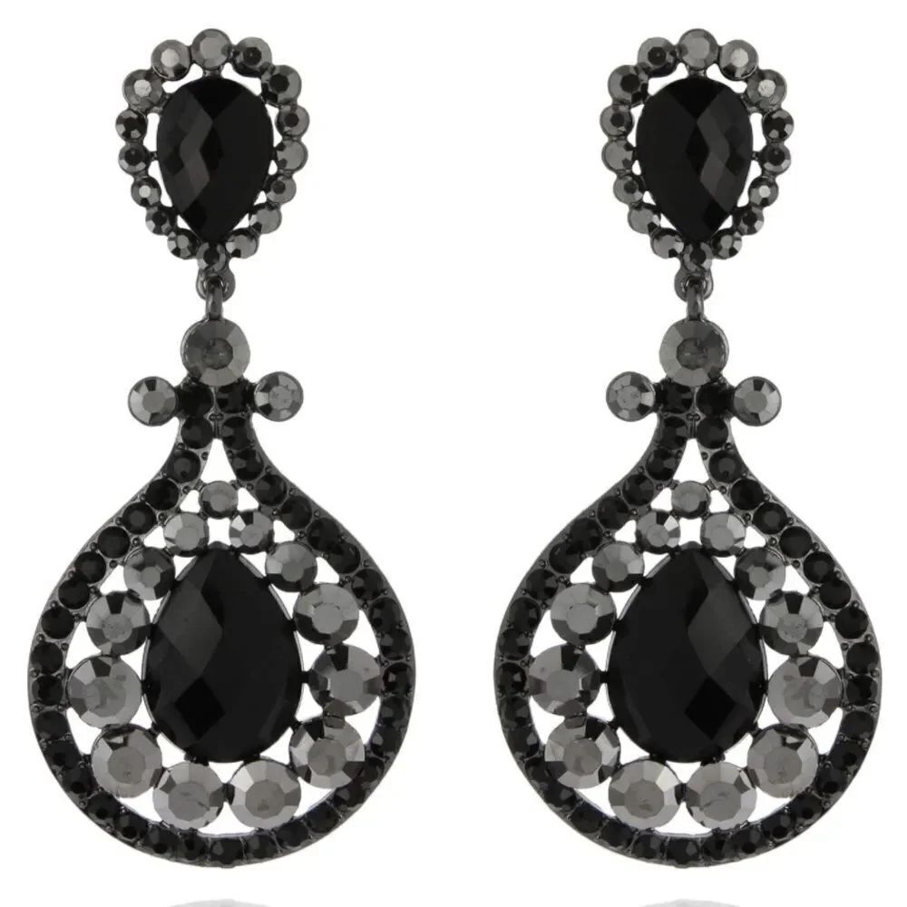 Gun Metal with Black Onyx and Gray Austrian Crystal Chandelier Clip On Earrings
